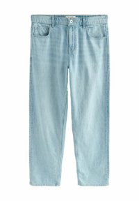 Jeans en denim bleu clair avec une coupe décontractée, des jambes droites et un style à cinq poches. Présente une fermeture à bouton et à zip à l'avant.