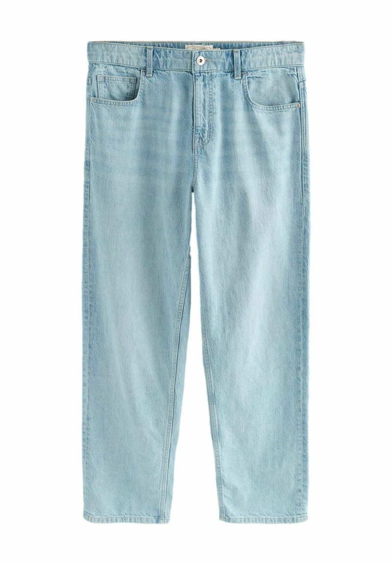 Jeans in denim azzurro chiaro con vestibilità comoda, gambe dritte e cinque tasche. Presentano una chiusura frontale con bottone e zip.