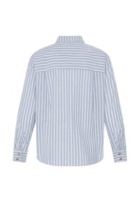 Hosszú ujjú, gombos ing, függőleges kék-fehér csíkokkal, a vállrészen vízszintes csíkokkal és gombos mandzsettákkal, hátulnézetben.