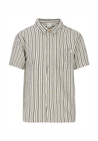 Camisa de manga corta con rayas verticales en blanco y negro, botones de madera, cuello de botón y un bolsillo en el pecho con detalle de logo.