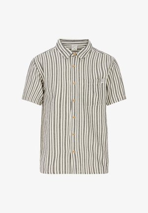 Chemise à manches courtes avec des rayures verticales noires et blanches, boutons en bois, col boutonné et poche poitrine avec détail de logo.