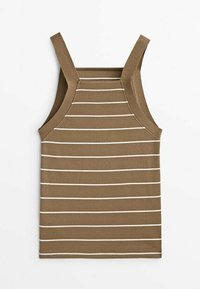 Débardeur marron avec des rayures horizontales blanches, doté d'une texture côtelée ajustée et de larges bretelles pour un meilleur maintien.