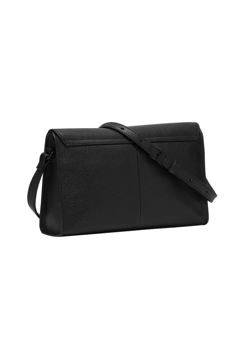 Schwarze Lederschultertasche mit strukturierter Oberfläche, flacher Form, verstellbarem Schulterriemen und minimalistischen Design.