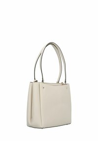 Bolso tote de color crema, hecho de material sintético, con doble asa, forma estructurada y sutiles detalles en dorado.