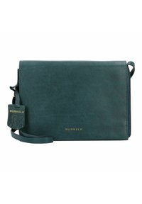 Borsa a tracolla in pelle color teal con pattina ripiegabile, hardware dorato e etichetta con logo embossato. Presenta una tracolla regolabile per un'indossabilità versatile.