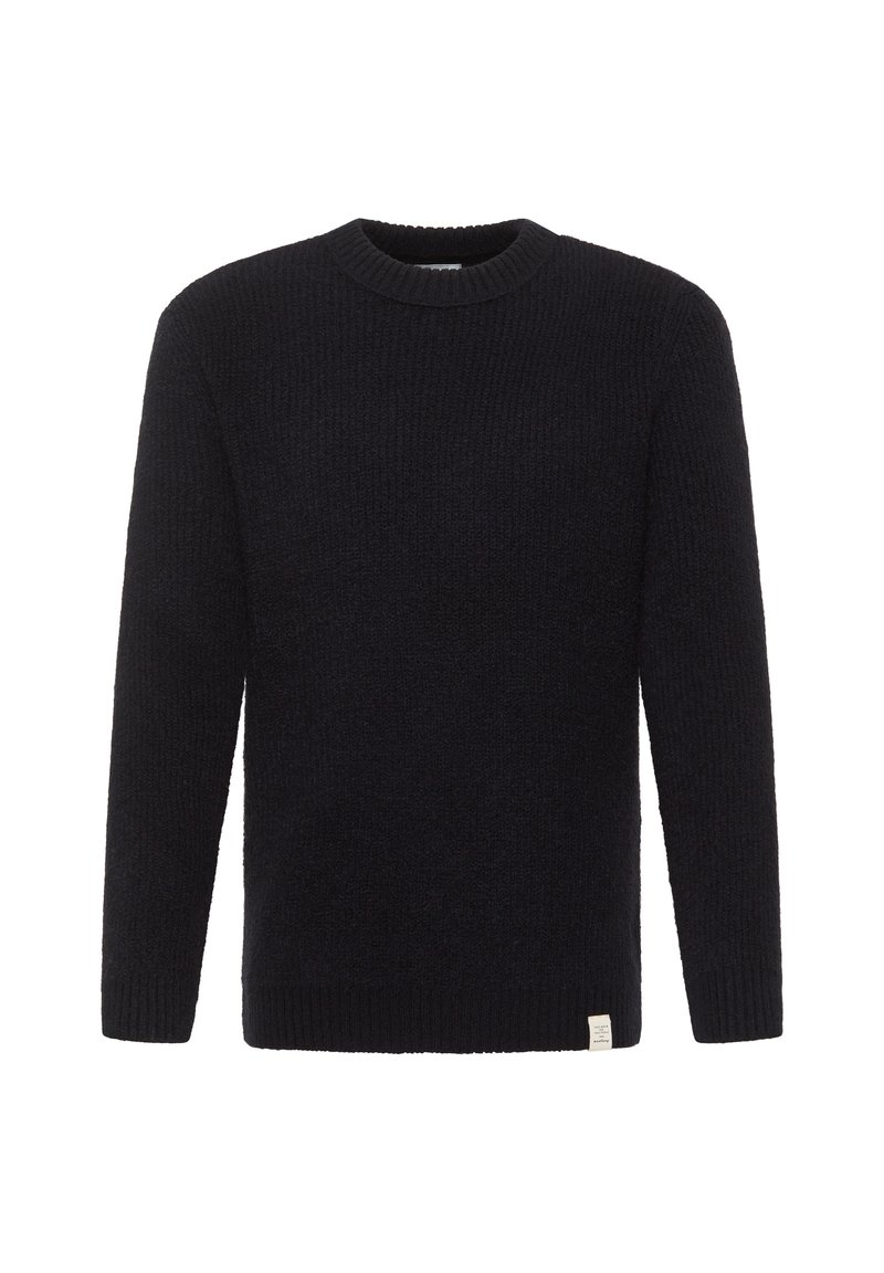 Suéter negro de punto con cuello redondo, patrón texturizado, mangas largas y una etiqueta de marca visible en la parte inferior izquierda.