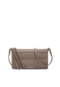 Borsa a tracolla in pelle marrone chiaro con tre scomparti con cerniera, tracolla regolabile e dettagli con logo sulla parte anteriore.