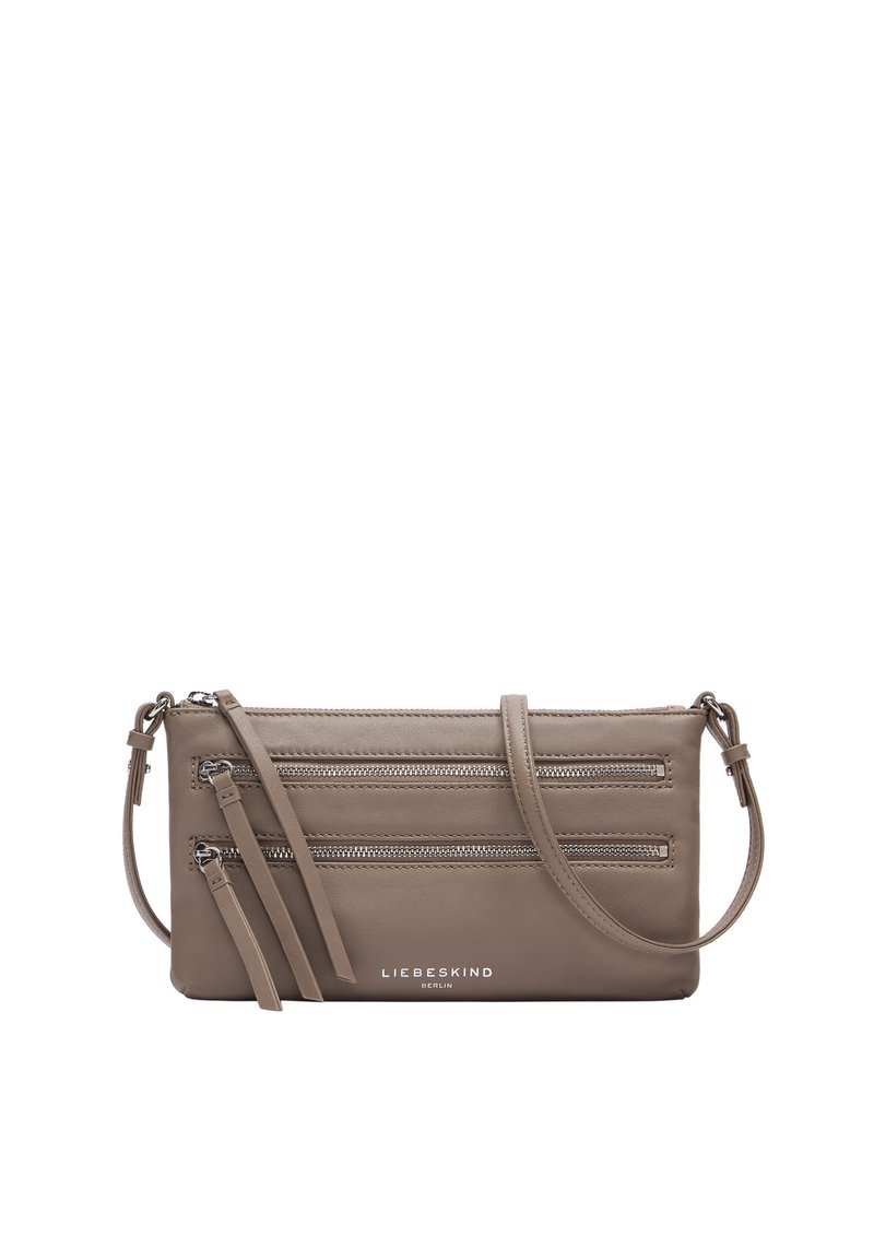 Borsa a tracolla in pelle marrone chiaro con tre scomparti con cerniera, tracolla regolabile e dettagli con logo sulla parte anteriore.