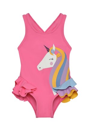Maillot de bain une pièce rose avec un motif licorne ; il présente des volants colorés aux jambes en bleu, jaune et lavande. Matière douce et lisse.