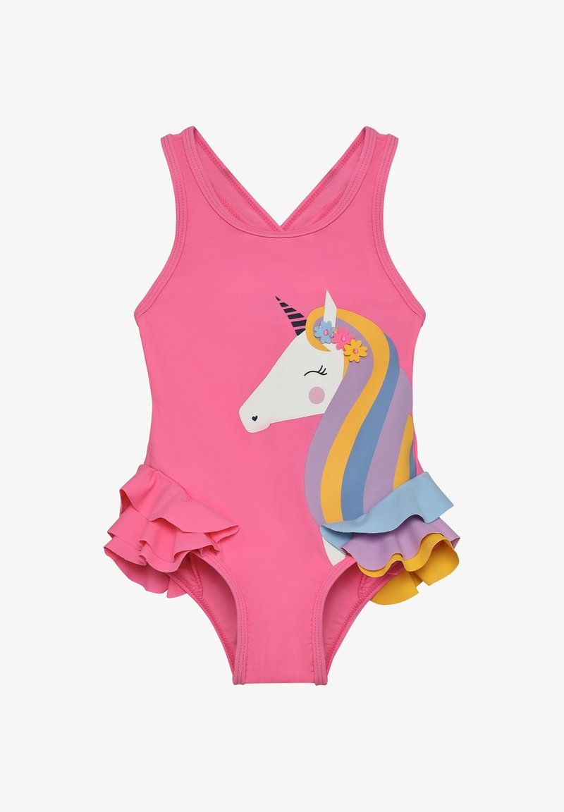 Maillot de bain une pièce rose avec un motif licorne ; il présente des volants colorés aux jambes en bleu, jaune et lavande. Matière douce et lisse.