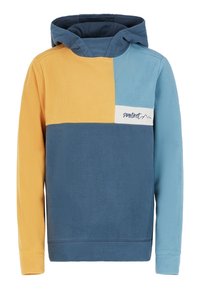 Felpa con cappuccio in pile con un design a blocchi di colore in giallo, blu navy e azzurro. Presenta una tasca a marsupio e una patch del logo sul petto.