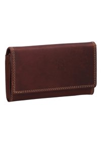 Braune Lederbörse mit sichtbaren beigen Nähten, faltbarem Design und glatter Oberfläche auf weißem Hintergrund.