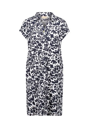 Robe blanche longueur genou avec manches courtes et un motif floral abstrait bleu marine, dotée d'un col et d'un décolleté en V.