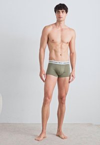 Grüne Boxershorts aus weichem Stoff, mit einem weißen Bund mit dem Markennamen. Das Modell steht vor einem hellen Hintergrund.