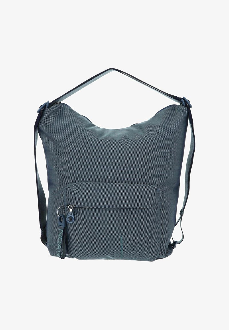 Borsa a tracolla in tessuto blu con superficie testurizzata, tracolla regolabile, tasca frontale con cerniera e un discreto logo.