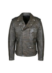Brun læder bikerjakke med belægning i taljen, skulderlapper, lynlås lommer og tekstureret finish. Har asymmetrisk frontlynlås.