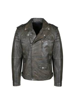 Bruine leren motorjack met een taille met riem, schouderepauletten, ritszakken en een gestructureerde afwerking. Heeft een asymmetrische rits aan de voorkant.