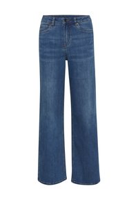 Jean large en denim bleu moyen. Comprend une fermeture à bouton et à glissière, cinq poches, et un léger délavage sur le tissu.