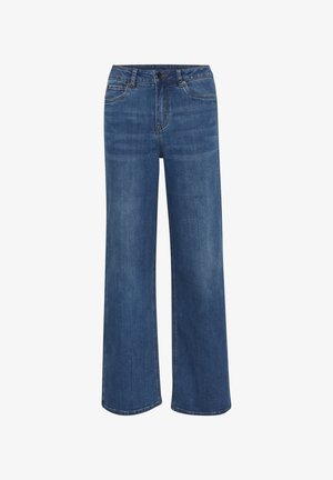 Bredde jeans lavet af medium blå denim. Har en knap- og lynlåslukning, fem lommer og subtil falmning på stoffet.