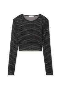 Top cropped nero a maniche lunghe realizzato in tessuto leggero, con un motivo a punti argento lucidi su tutta la superficie e un collo rotondo.