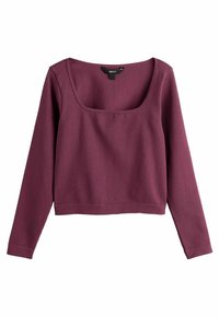 Bordový dlouhý rukáv s ribbed vzorem a čtvercovým výstřihem. Má přiléhavý střih a zkrácenou délku. Měkká textura a minimální detaily.
