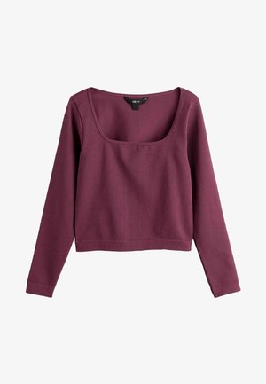 Bordo ilgas rankoves juostuotas viršus su kvadratine iškirpte. Ypatybė - prigludęs dizainas ir sutrumpintas ilgis. Minkšta tekstūra ir minimalus dekoravimas.