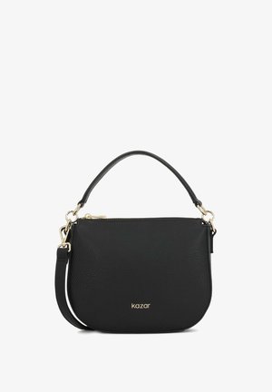 Fekete textúrált bőrtáska arany cipzárral és fémalkatrészekkel, felső fogantyúval és levehető vállpánttal, a "kazar" logóval elöl.