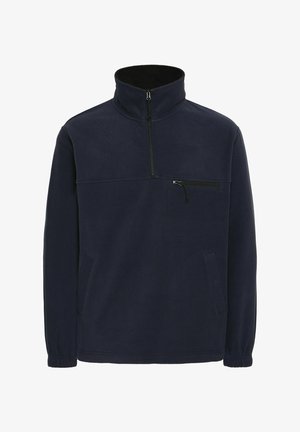 Tumesinine fleece pullover poolse tõmblukuga kraega, esipocketi ja küljetaskutega. Omab elastseid mansette ja siledat tekstuuri.