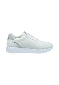 White low-top sneaker with textured sole, lace-up front, and silver accent on heel and side panel.