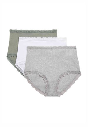 Tre paia di mutande hipster in cotone di colore verde oliva, bianco e grigio. Ognuna presenta un bordo in pizzo ondulato lungo l'elastico in vita.