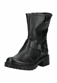 Schwarze Leder-Ankle Boots mit runder Spitze, dekorativem Riemen und metallischen Akzenten, ausgestattet mit einer robusten Gummisohle und einem seitlichen Reißverschluss.