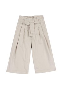 Beige wijde broek met een gestrikt ceintuur in de taille, met plooien en een gladde katoenachtige textuur. Tijdloos en veelzijdig ontwerp.