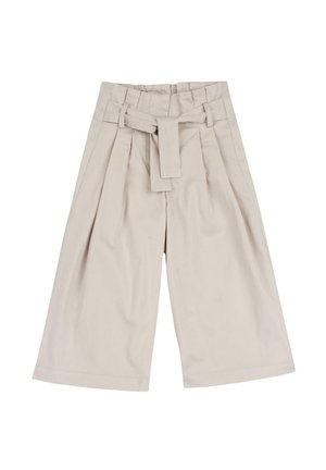 Beige weite Hose mit einem gebundenen Gürtel in der Taille, mit Falten und einer glatten, baumwollähnlichen Textur. Klassisches und vielseitiges Design.