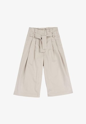 Beige wijde broek met een gestrikt ceintuur in de taille, met plooien en een gladde katoenachtige textuur. Tijdloos en veelzijdig ontwerp.