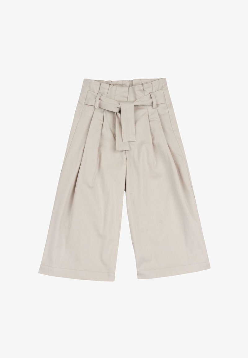 Beige wijde broek met een gestrikt ceintuur in de taille, met plooien en een gladde katoenachtige textuur. Tijdloos en veelzijdig ontwerp.