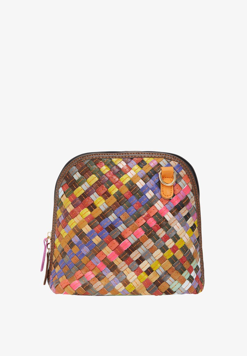 Borsa in pelle intrecciata con motivo multicolore, dotata di chiusura a zip e rifiniture marroni. Include un piccolo dettaglio in pelle.