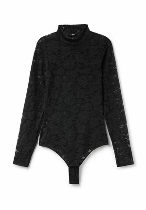 Schwarzer Spitzen-Bodysuit mit langen Ärmeln, hohem Kragen, Blumenmuster und Druckknopfverschluss am Boden. Durchsichtige Textur und figurnahe Passform.