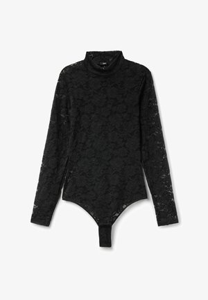 Bodysuit de encaje negro con mangas largas, cuello alto, patrón floral y cierre a presión en la parte inferior. Textura transparente y diseño ajustado.