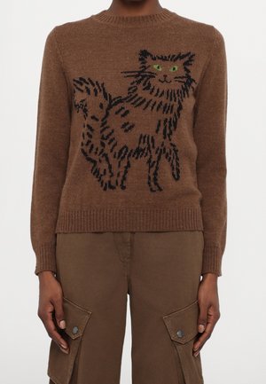 Brun strikket sweater med stort sort kattebillede med grønne øjne, båret med matchende brune cargobukser.