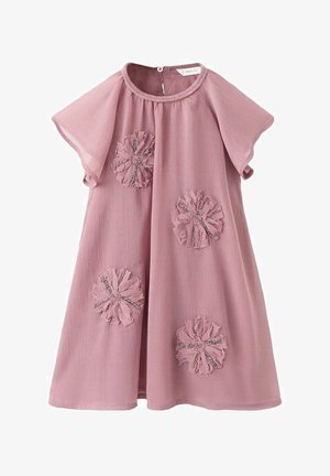 Pink dress with short, flutter sleeves. Features textured floral appliqués with bead accents. Made of lightweight, flowing fabric.