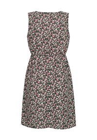Robe florale avec un tissu noir orné de petites fleurs roses et blanches, sans manches, taille élastique et longueur au genou.