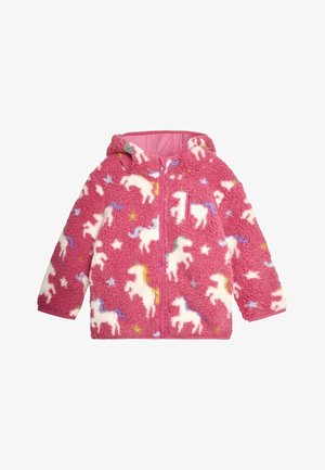 Ružový flísový kabát s kapucňou, s bielymi vzormi jednorožcov a multicolornými hviezdami. Zapínanie na zips, jemná textúra a dlhé rukávy.
