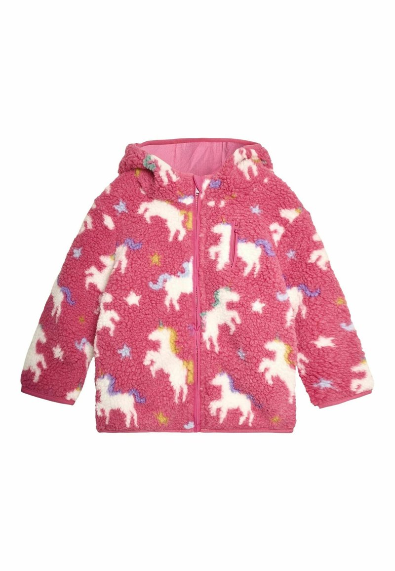 Vaaleanpunainen fleece-takki hupulla, jossa on valkoisia yksisarviskuvioita ja monivärisiä tähtiä. Vetoketjukiinnitys, pehmeä kangas ja pitkät hihat.