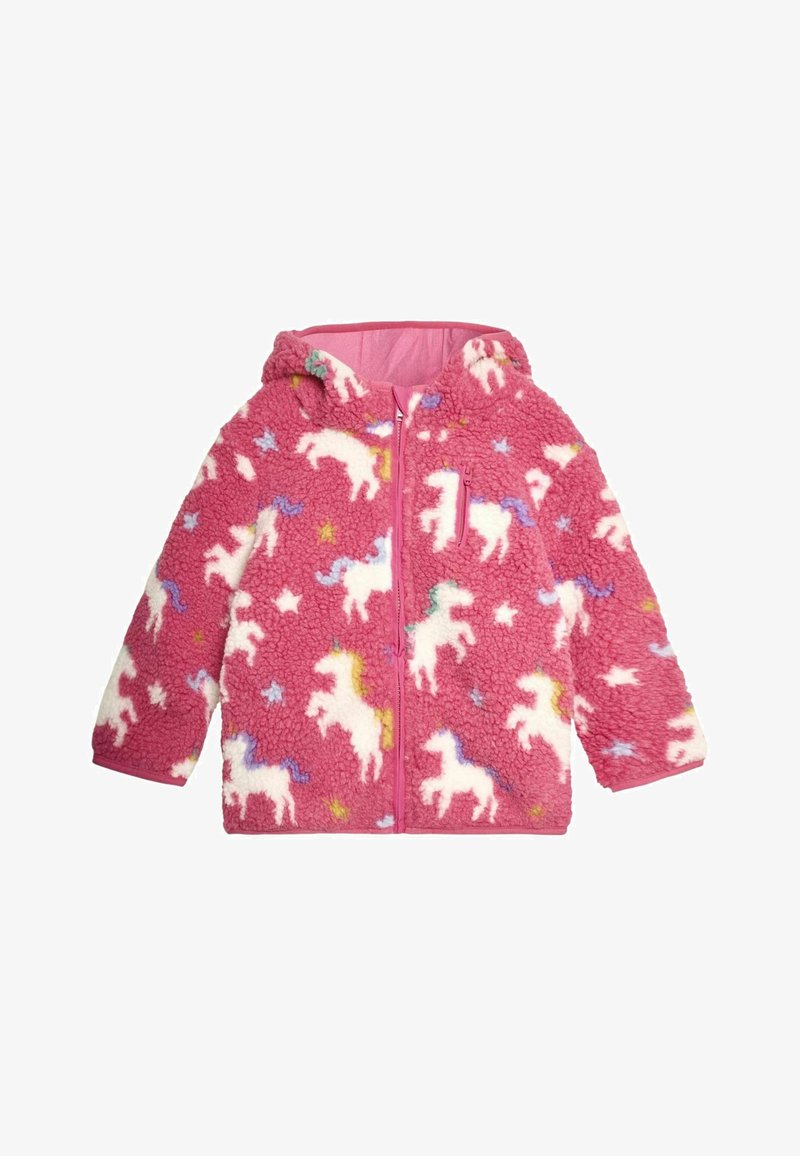 Vaaleanpunainen fleece-takki hupulla, jossa on valkoisia yksisarviskuvioita ja monivärisiä tähtiä. Vetoketjukiinnitys, pehmeä kangas ja pitkät hihat.