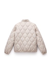 Gevoerde jas in lichtbeige met een ruitpatroon, staande kraag en geribde manchet. Lichtgewicht, zachte textuur, casual ontwerp.