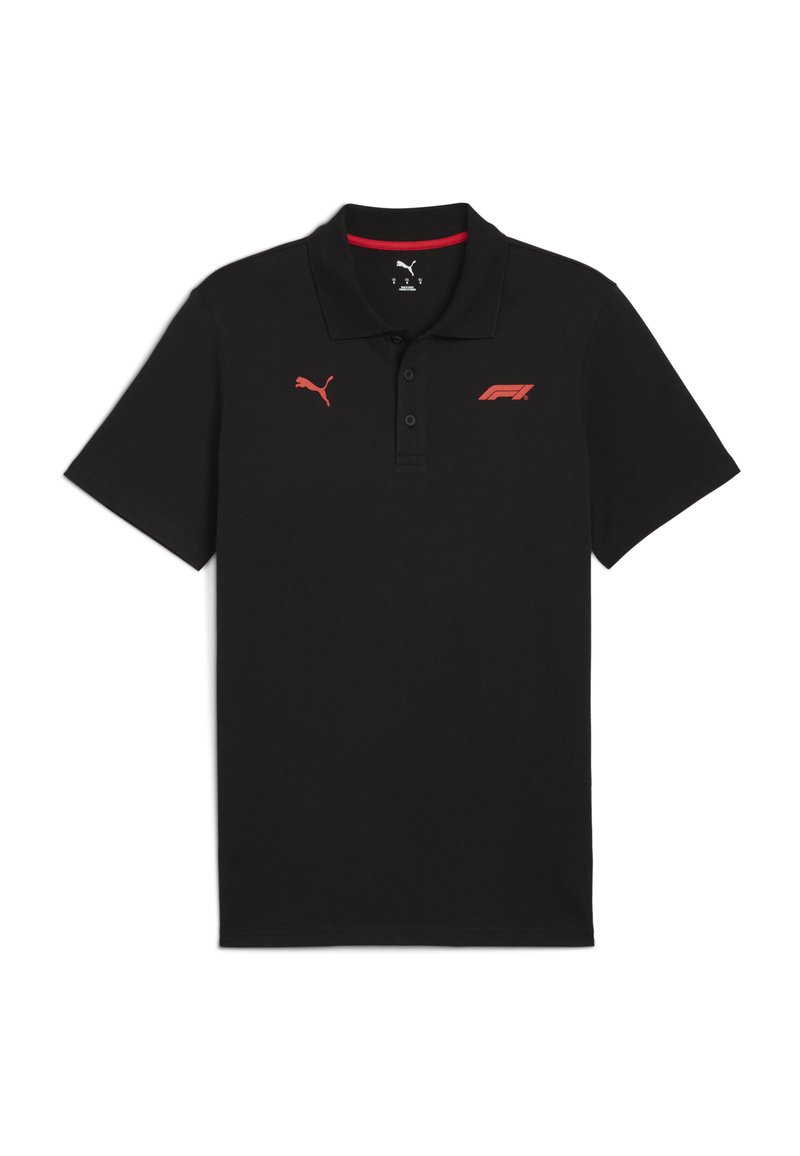 Čierne polo tričko vyrobené z bavlny s golierom. Obsahuje červené logo Puma a červenú F1 grafiku na ľavej hrudi. Krátke rukávy, klasický strih.