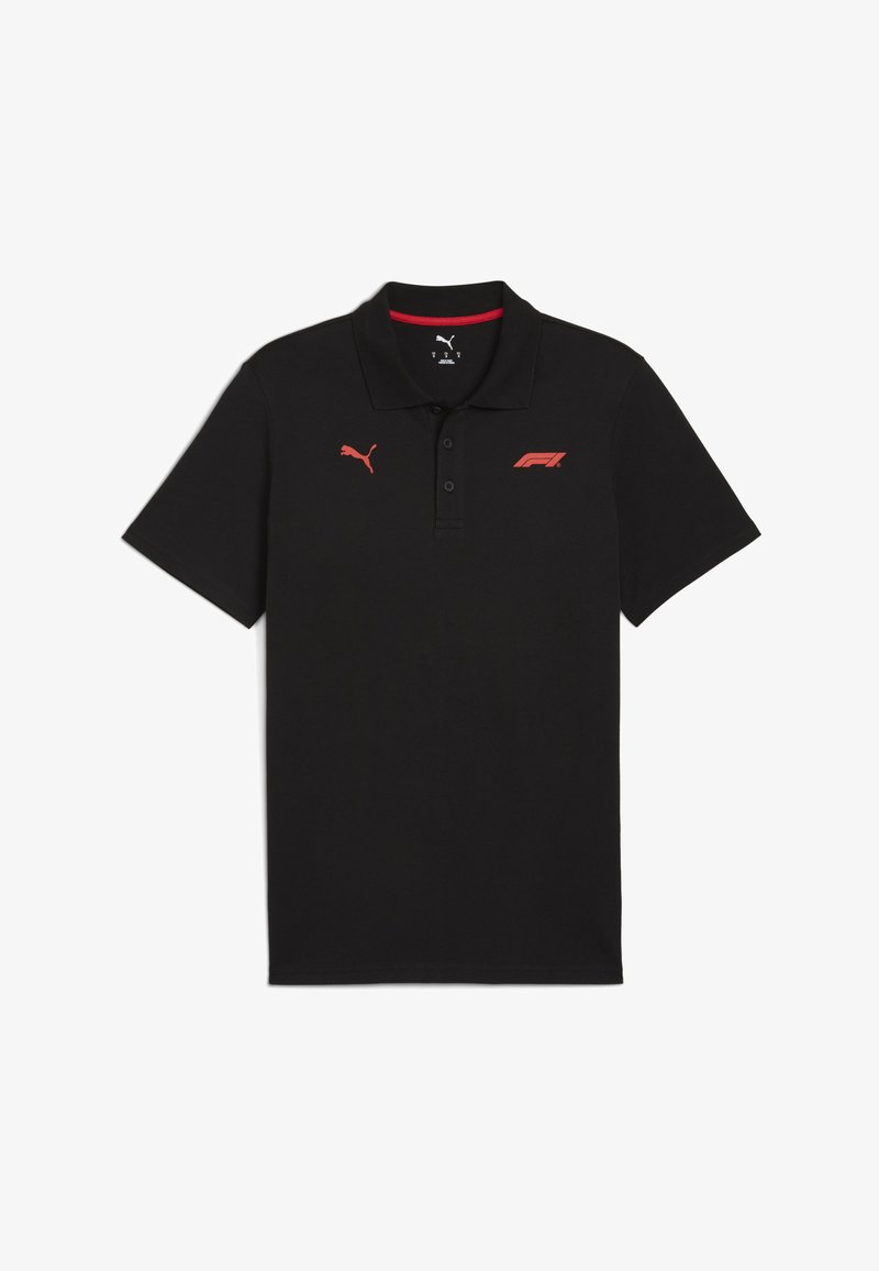 Čierne polo tričko vyrobené z bavlny s golierom. Obsahuje červené logo Puma a červenú F1 grafiku na ľavej hrudi. Krátke rukávy, klasický strih.