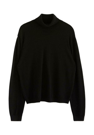 Maglione nero a collo alto, con maniche lunghe, vestibilità comoda e texture a coste sul collo e sui polsini. Materiale morbido.
