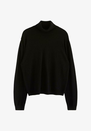 Maglione nero a collo alto, con maniche lunghe, vestibilità comoda e texture a coste sul collo e sui polsini. Materiale morbido.