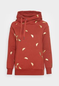 Rød hættetrøje med keglignende hals, guldbedede mønstre og snoretræk. Blødt stof med ribkant ved ærmer og kant. Casual pasform med en tekstureret overflade.